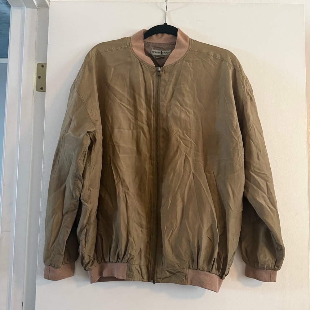 Vintage Robert Stock Silk Bomber Jacket Mens Large Green/Tan Lightweight 90s Y2K
